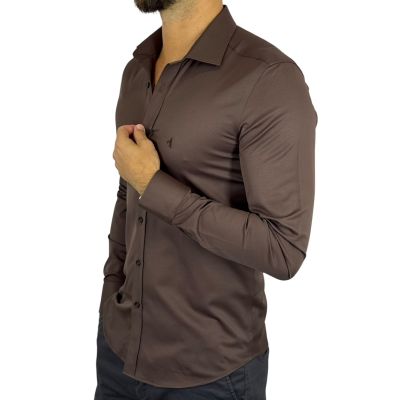 DANIEL BESSI Koszula męska fb048 brązowa, lycra, elastyczna, wygodna | Sklep GriShop.eu | Koszule