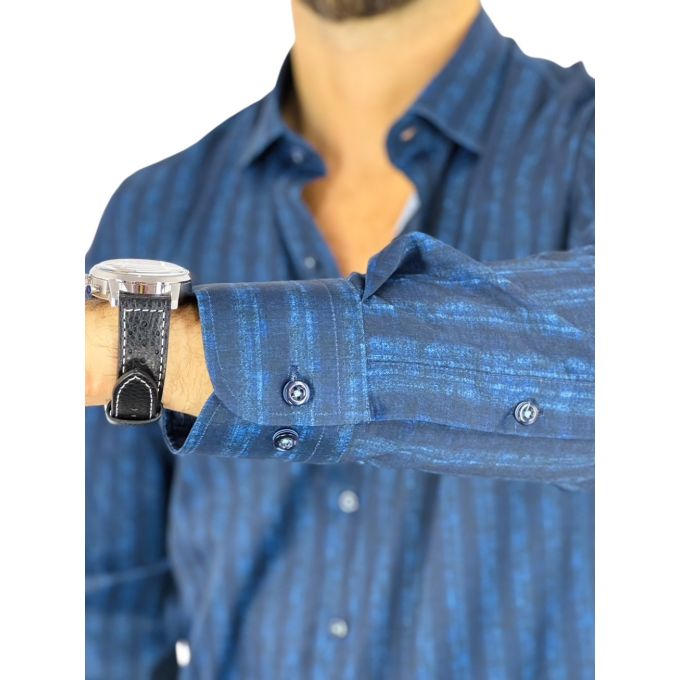 DANIEL BESSI Koszula męska fb025 granatowo niebieska paski, efekt jedwabiu | Sklep GriShop.eu | Koszule