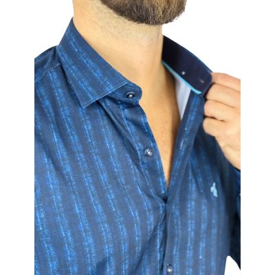 DANIEL BESSI Koszula męska fb025 granatowo niebieska paski, efekt jedwabiu | Sklep GriShop.eu | Koszule