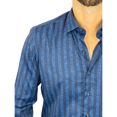 DANIEL BESSI Koszula męska fb025 granatowo niebieska paski, efekt jedwabiu | Sklep GriShop.eu | Koszule