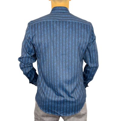 DANIEL BESSI Koszula męska fb025 granatowo niebieska paski, efekt jedwabiu | Sklep GriShop.eu | Koszule