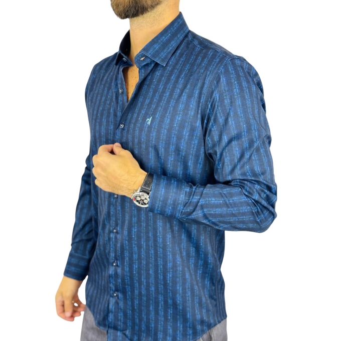 DANIEL BESSI Koszula męska fb025 granatowo niebieska paski, efekt jedwabiu | Sklep GriShop.eu | Koszule