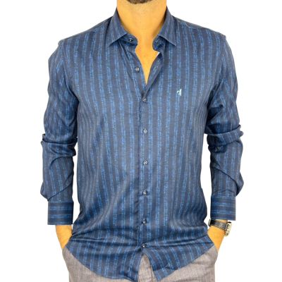 DANIEL BESSI Koszula męska fb025 granatowo niebieska paski, efekt jedwabiu | Sklep GriShop.eu | Koszule