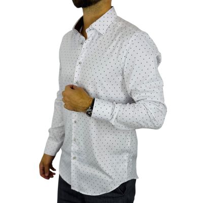 DANIEL BESSI Koszula męska fb189 biała z delikatnym brązowym wzorem, efekt jedwabiu | Sklep GriShop.eu | Koszule