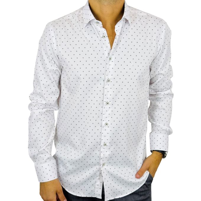 DANIEL BESSI Koszula męska fb189 biała z delikatnym brązowym wzorem, efekt jedwabiu | Sklep GriShop.eu | Koszule