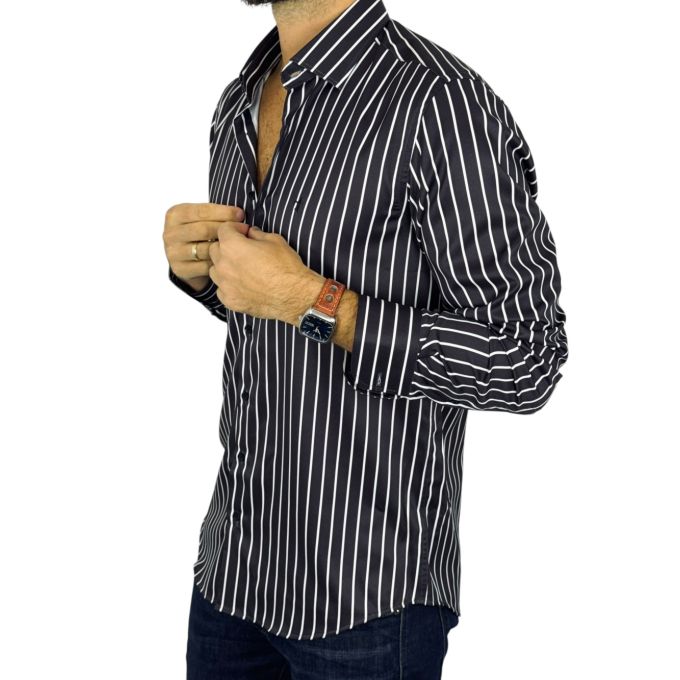 DANIEL BESSI Koszula męska fb045 czarno biała paski, efekt jedwabiu | Sklep GriShop.eu | Koszule