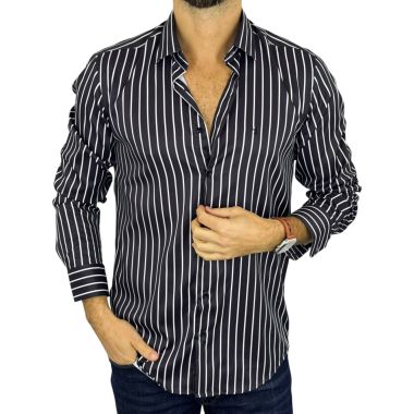 DANIEL BESSI Koszula męska fb045 czarno biała paski, efekt jedwabiu | Sklep GriShop.eu | Koszule