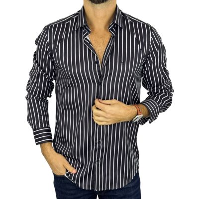 DANIEL BESSI Koszula męska fb045 czarno biała paski, efekt jedwabiu | Sklep GriShop.eu | Koszule