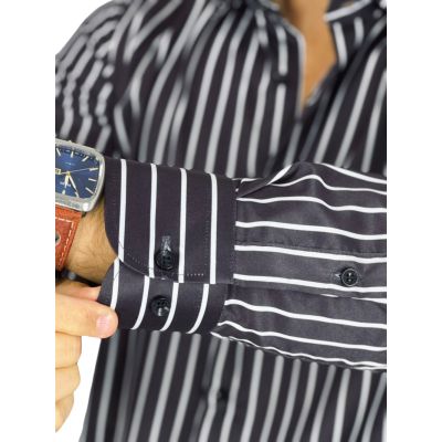 DANIEL BESSI Koszula męska fb045 czarno biała paski, efekt jedwabiu | Sklep GriShop.eu | Koszule