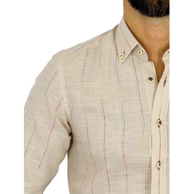DANIEL BESSI Koszula męska fb306 Beżowa, w kolorowe paski bawełna jak len | Sklep GriShop.eu | Koszule 2