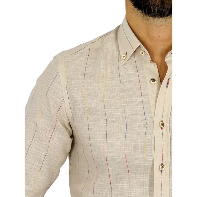 DANIEL BESSI Koszula męska fb306 Beżowa, w kolorowe paski bawełna jak len | Sklep GriShop.eu | Koszule
