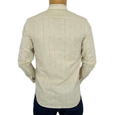 DANIEL BESSI Koszula męska fb306 Beżowa, w kolorowe paski bawełna jak len | Sklep GriShop.eu | Koszule