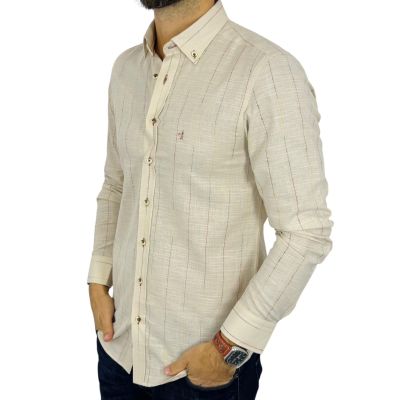 DANIEL BESSI Koszula męska fb306 Beżowa, w kolorowe paski bawełna jak len | Sklep GriShop.eu | Koszule
