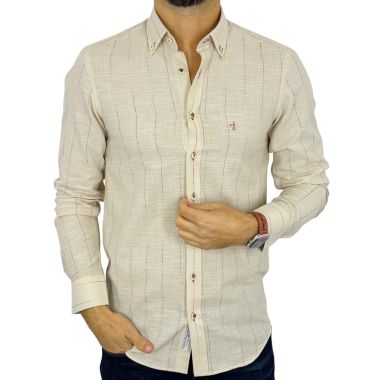 DANIEL BESSI Koszula męska fb306 Beżowa, w kolorowe paski bawełna jak len | Sklep GriShop.eu | Koszule