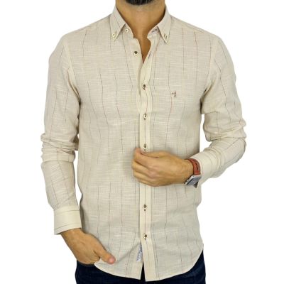 DANIEL BESSI Koszula męska fb306 Beżowa, w kolorowe paski bawełna jak len | Sklep GriShop.eu | Koszule