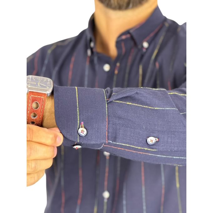 DANIEL BESSI Koszula męska fb309 granatowa, w kolorowe paski bawełna jak len | Sklep GriShop.eu | Koszule