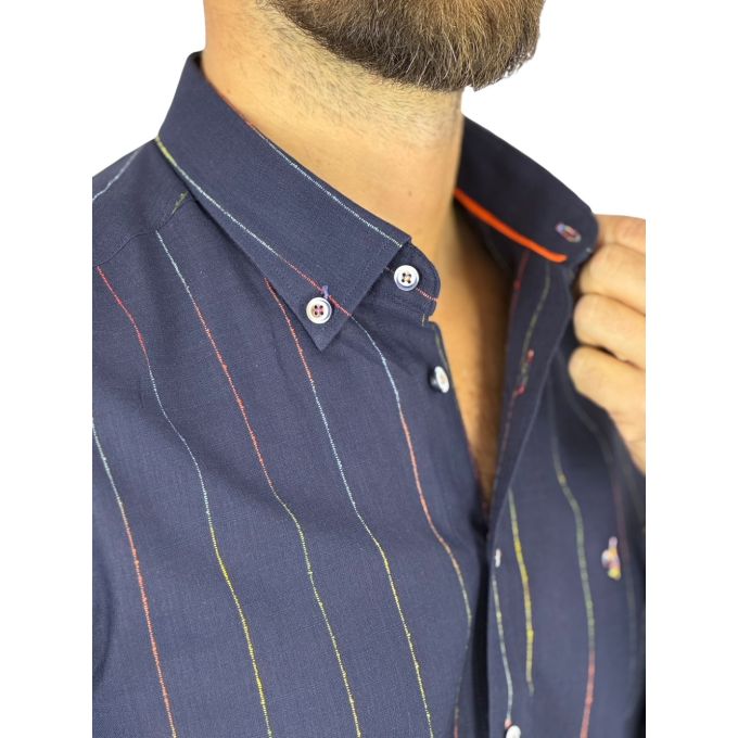 DANIEL BESSI Koszula męska fb309 granatowa, w kolorowe paski bawełna jak len | Sklep GriShop.eu | Koszule