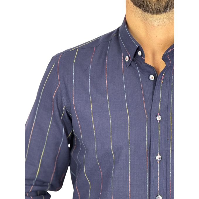 DANIEL BESSI Koszula męska fb309 granatowa, w kolorowe paski bawełna jak len | Sklep GriShop.eu | Koszule