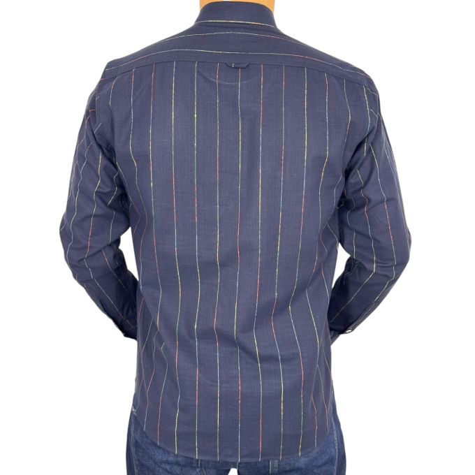 DANIEL BESSI Koszula męska fb309 granatowa, w kolorowe paski bawełna jak len | Sklep GriShop.eu | Koszule