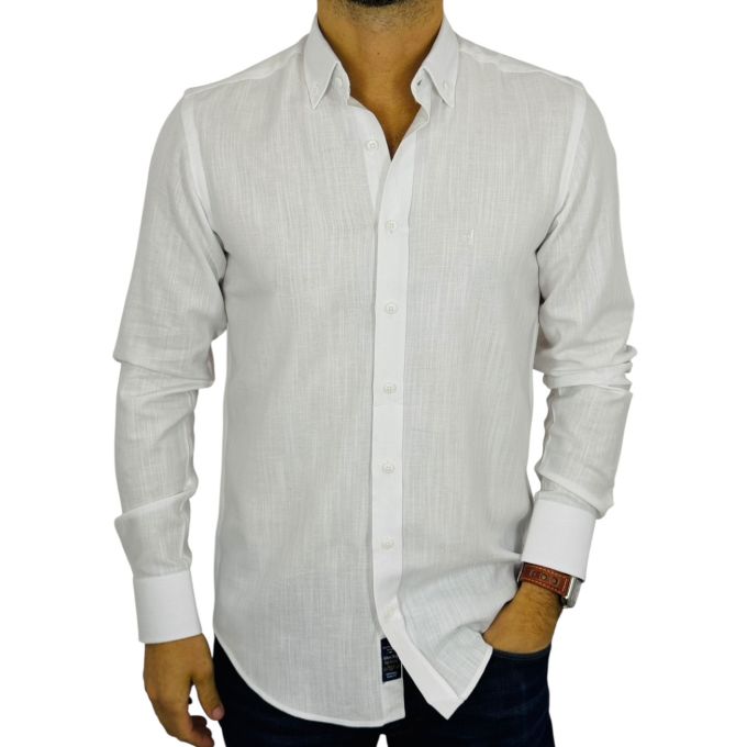 DANIEL BESSI Koszula męska fb259 biała bawełna jak len | Sklep GriShop.eu | Koszule