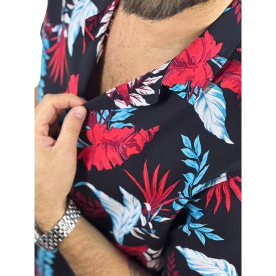 GIOVANNI PERA Koszula męska, krótki rękaw GPK46 Czarna w liście kolorowe | Sklep GriShop.eu | Koszule