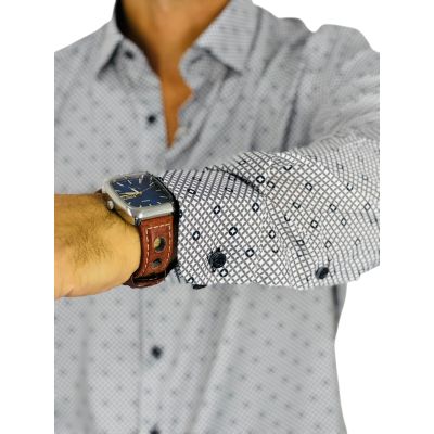 DANIEL BESSI Koszula męska fb147 biała w drobny wzór retro geometry efekt jedwabiu | Sklep GriShop.eu | Koszule