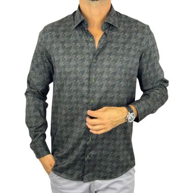 DANIEL BESSI Koszula męska fb120 zielony, khaki, pepitka, maziaje, efekt jedwabiu | Sklep GriShop.eu | Koszule