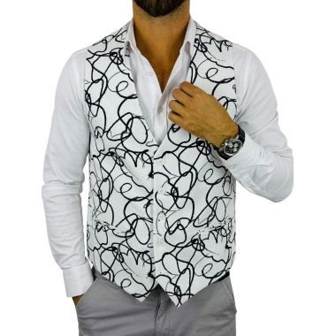 GIOVANNI PERA kamizelka męska D703 , Biała, czarne szlaczki, casual, wesoła, impreza bezrękawnik | Sklep GriShop.eu | Kamizelki