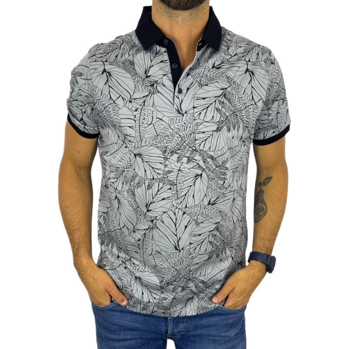 RAGMAN T-shirt polo męski PR2 Czarno-szara, liście kwiaty | Sklep GriShop.eu | Koszulki