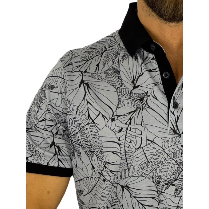 RAGMAN T-shirt polo męski PR2 Czarno-szara, liście kwiaty | Sklep GriShop.eu | Koszulki