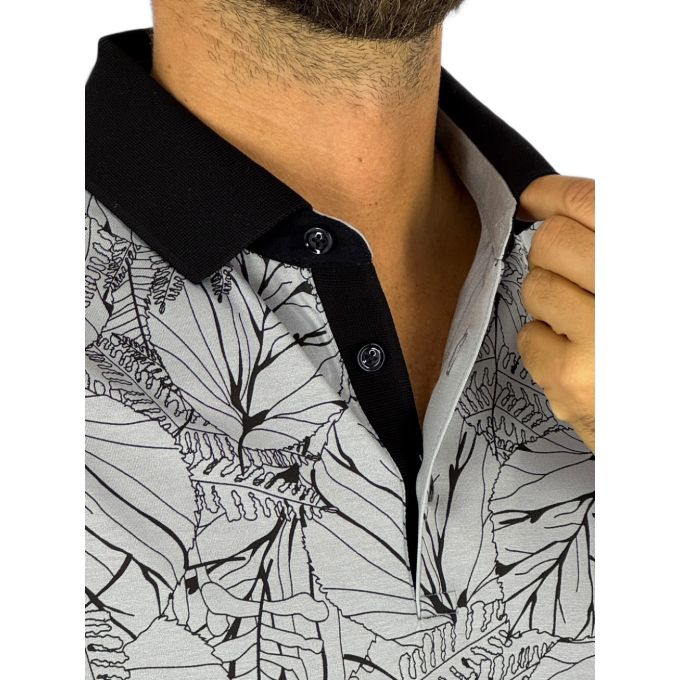 RAGMAN T-shirt polo męski PR2 Czarno-szara, liście kwiaty | Sklep GriShop.eu | Koszulki