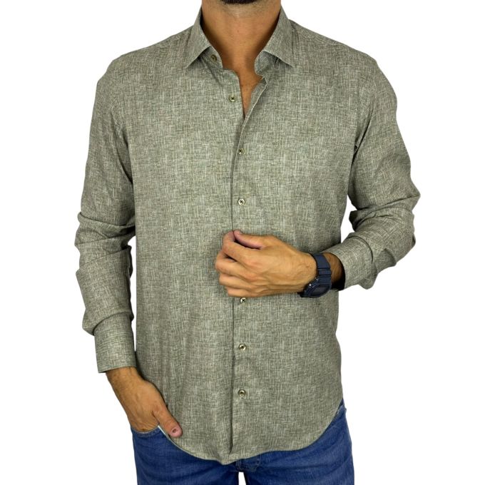 DANIEL BESSI Koszula męska fb078 zielony, khaki, melanż, efekt jedwabiu | Sklep GriShop.eu | Koszule