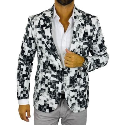 GIOVANNI PERA Marynarka męska D724 , biało czarna, kwadraty, krata, wesoła, casual, impreza | Sklep GriShop.eu | Marynarki