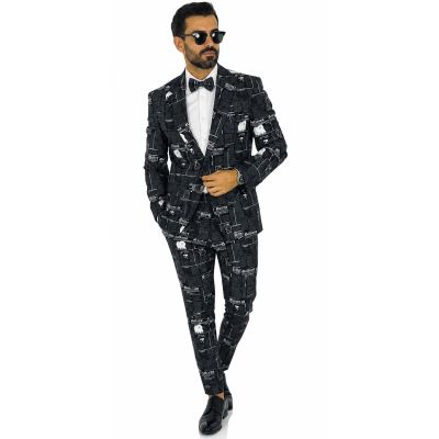 GIOVANNI PERA Garnitur męski D720 , czarno biały gazeta, wesoły, casual, impreza | Sklep GriShop.eu | Garnitury
