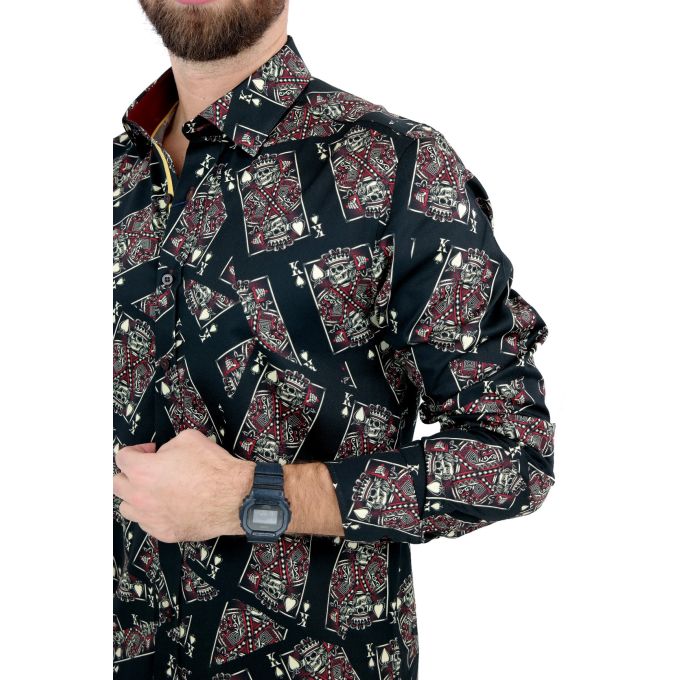 DANIEL BESSI Koszula męska fb045 czarna KARTY czaszki HALLOWEEN król | Sklep GriShop.eu | Koszule