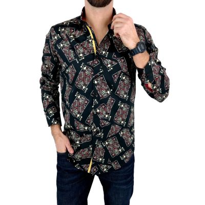 DANIEL BESSI Koszula męska fb045 czarna KARTY czaszki HALLOWEEN król | Sklep GriShop.eu | Koszule