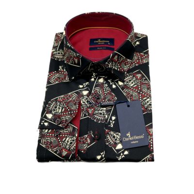 DANIEL BESSI Koszula męska fb045 czarna KARTY czaszki HALLOWEEN król | Sklep GriShop.eu | Koszule