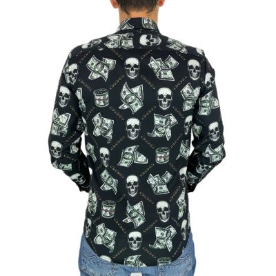 GIOVANNI PERA Koszula męska GP356 czarna, dolary, czaszki, halloween, łańcuchy | Sklep GriShop.eu | Koszule