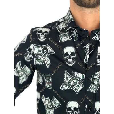 GIOVANNI PERA Koszula męska GP356 czarna, dolary, czaszki, halloween, łańcuchy | Sklep GriShop.eu | Koszule
