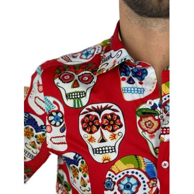 GIOVANNI PERA Koszula męska GP349 czerwona, czaszki meksykańskie, capula, halloween | Sklep GriShop.eu | Koszule 2