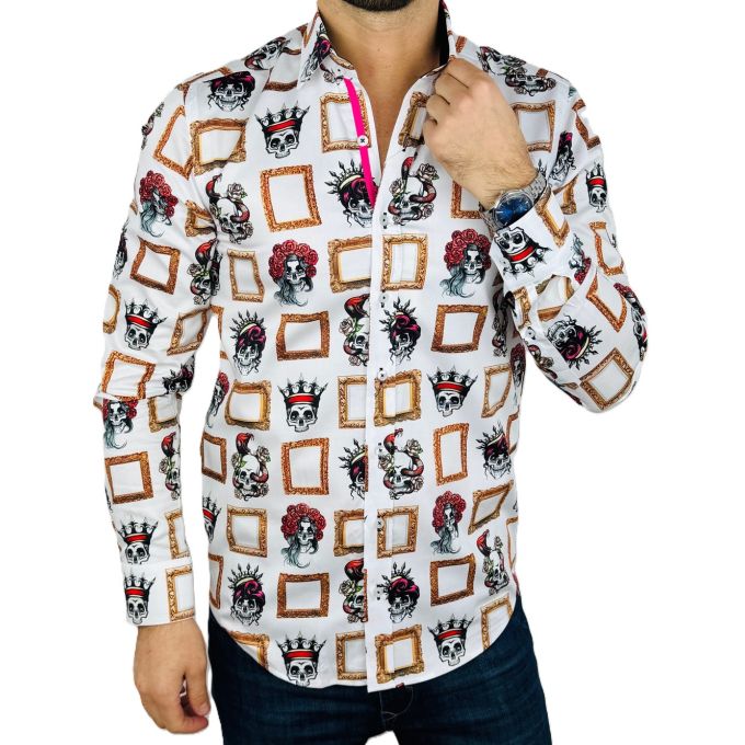 DANIEL BESSI Koszula męska fb107 biała, czachy, lustra, haloween | Sklep GriShop.eu | Koszule