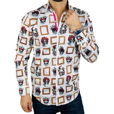 DANIEL BESSI Koszula męska fb107 biała, czachy, lustra, haloween | Sklep GriShop.eu | Koszule