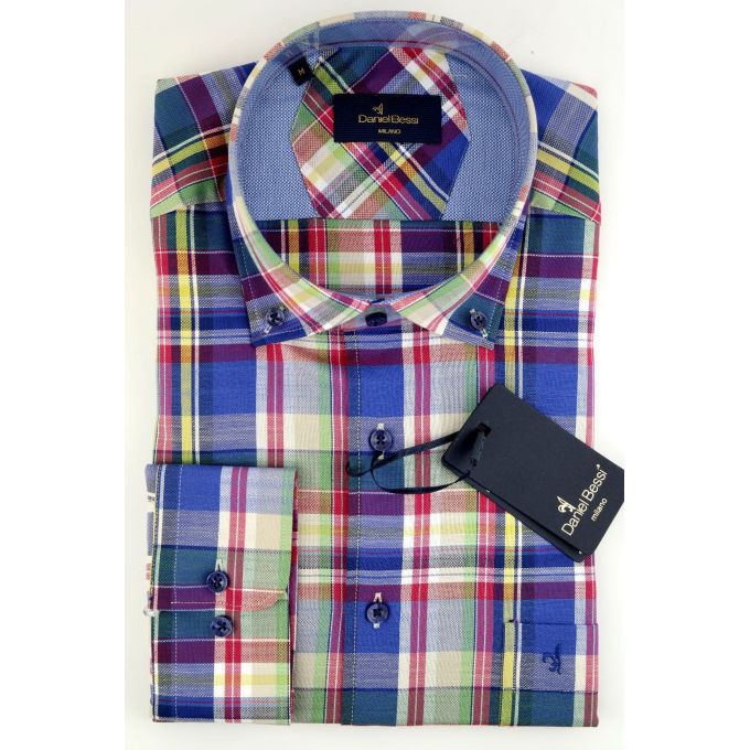 DANIEL BESSI Koszula męska fb079 kratka, niebieska, kolorowa | Sklep GriShop.eu | Koszule