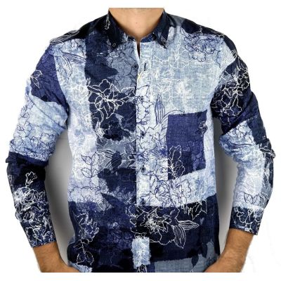 DANIEL BESSI Koszula męska fb221 niebieska, granatowa, kwiaty, jeans | Sklep GriShop.eu | Koszule
