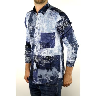 DANIEL BESSI Koszula męska fb221 niebieska, granatowa, kwiaty, jeans | Sklep GriShop.eu | Koszule