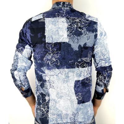 DANIEL BESSI Koszula męska fb221 niebieska, granatowa, kwiaty, jeans | Sklep GriShop.eu | Koszule