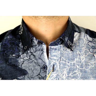 DANIEL BESSI Koszula męska fb221 niebieska, granatowa, kwiaty, jeans | Sklep GriShop.eu | Koszule