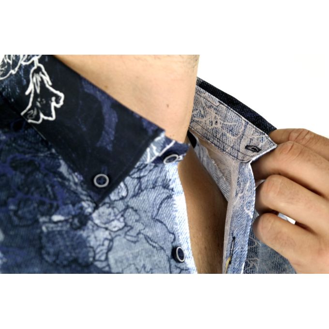 DANIEL BESSI Koszula męska fb221 niebieska, granatowa, kwiaty, jeans | Sklep GriShop.eu | Koszule