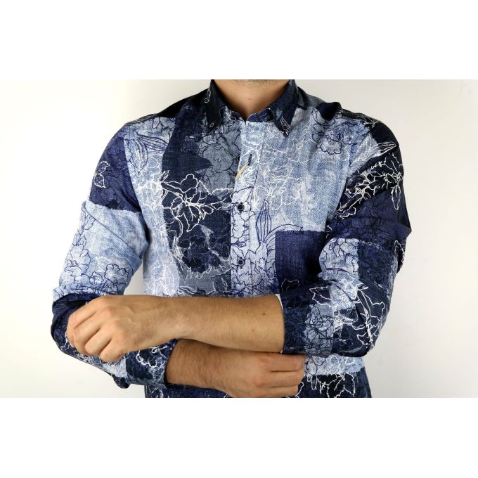 DANIEL BESSI Koszula męska fb221 niebieska, granatowa, kwiaty, jeans | Sklep GriShop.eu | Koszule