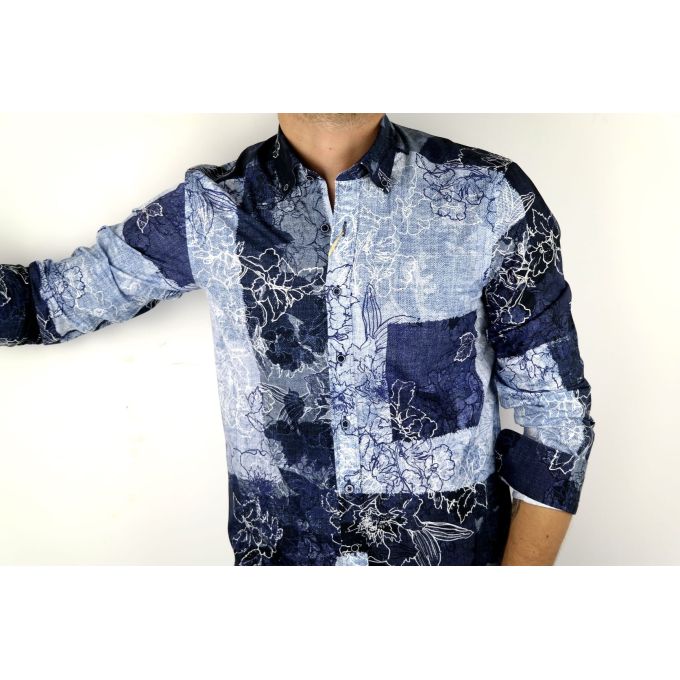 DANIEL BESSI Koszula męska fb221 niebieska, granatowa, kwiaty, jeans | Sklep GriShop.eu | Koszule